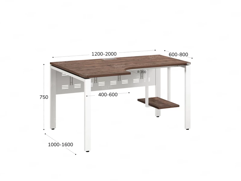 Стол угловой, экран металл, П-опора, левый 1600x900/1200x750, RM059-16x9-12 Дуб Апрельский шоколад/Белый