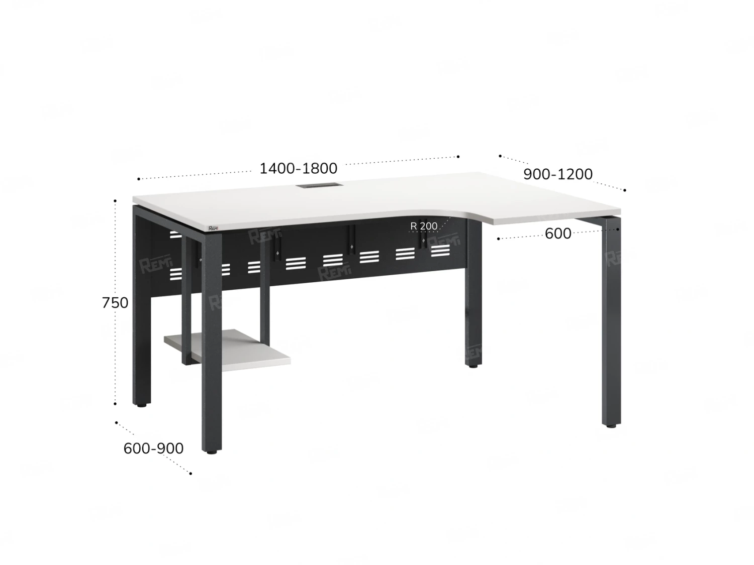 Стол угловой, экран металл, П-опора, правый 1400x800/1000x750, RM058-14x8-10 Белый/Серый