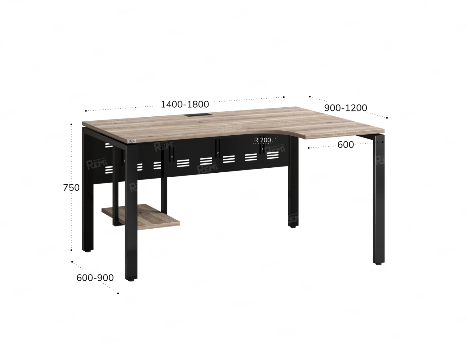 Стол угловой, экран металл, П-опора, правый 1800x600/900x750, RM058-18x6-9 Дуб Маувелла/Черный