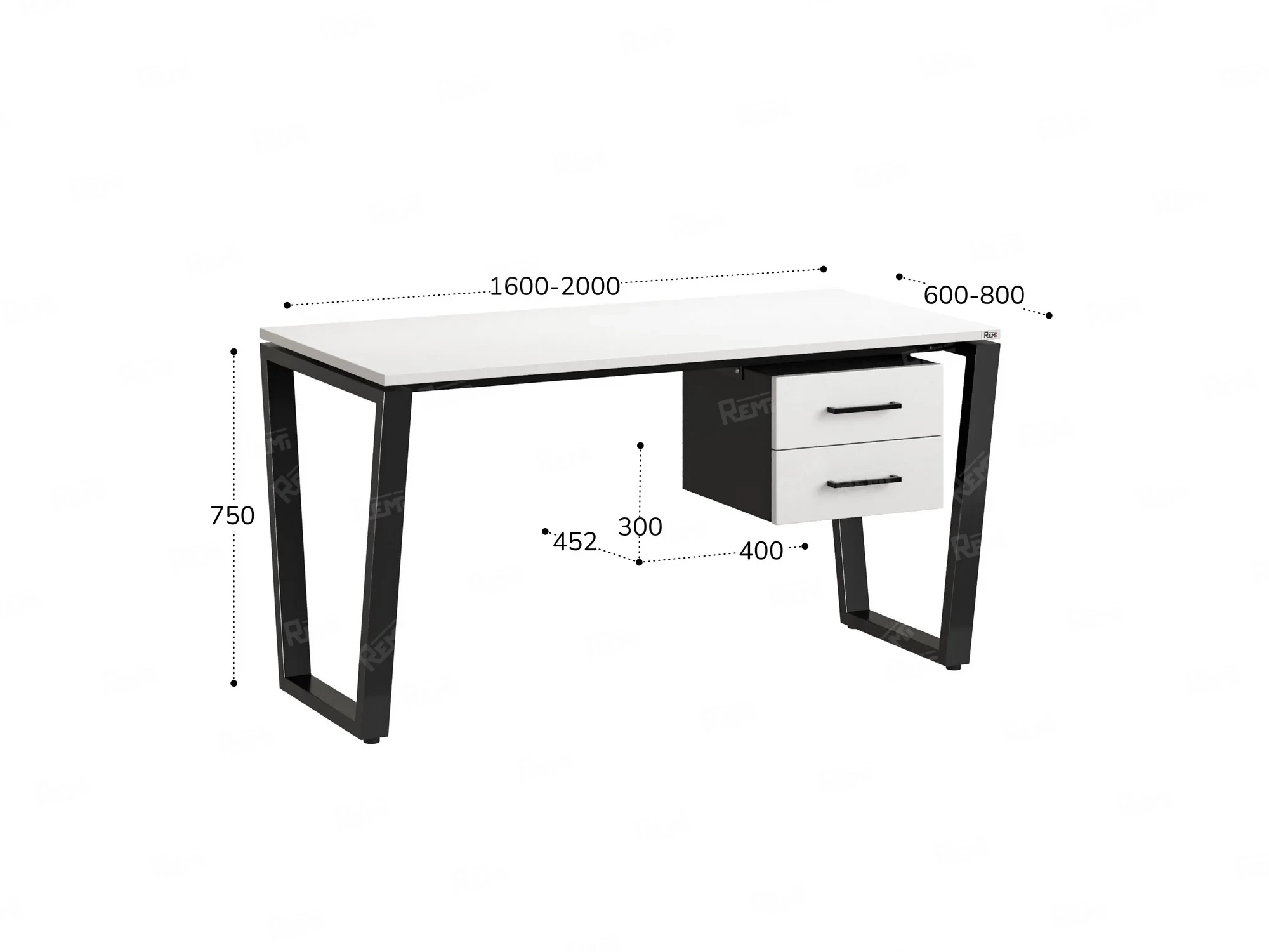Стол прямой с подвесной тумбой 2 ящика, U-опора 1600x700x750 RM035-16x7 Белый/Черный