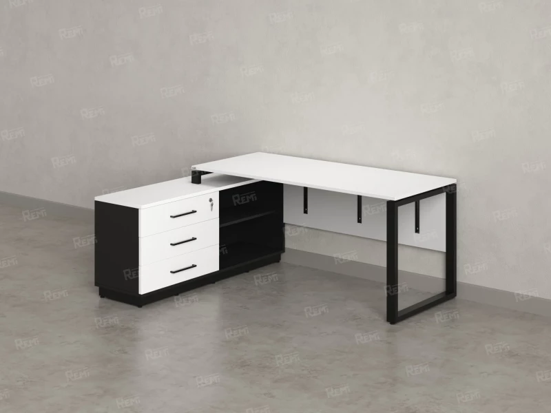 Стол прямой с тумбой L, ЛДСП экран, О-опора 1400x1400x750 RM013L-14x7 Белый/Черный