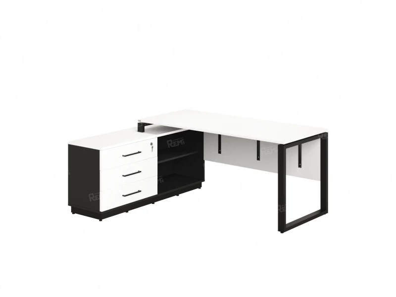 Стол прямой с тумбой L, ЛДСП экран, О-опора 1400x1400x750 RM013L-14x7 Белый/Черный