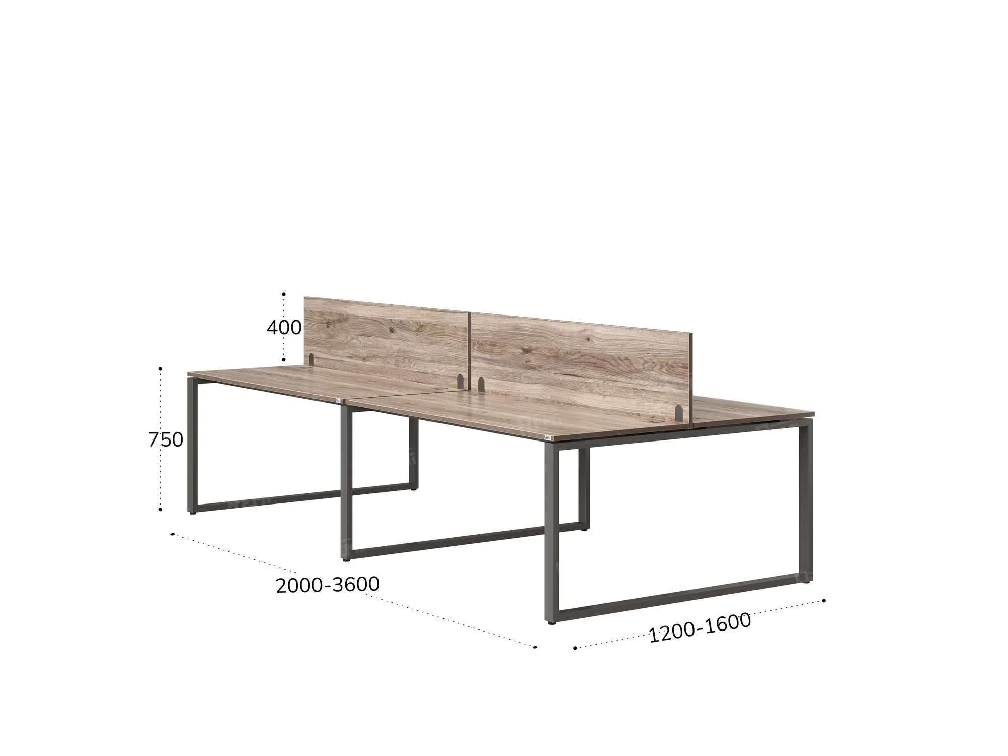 Бенч-система, 4 рабочих места, на О-образных опорах, 2 ЛДСП экранов 2800x1200x750 RM170-4-14x12 Дуб Маувелла/Серый