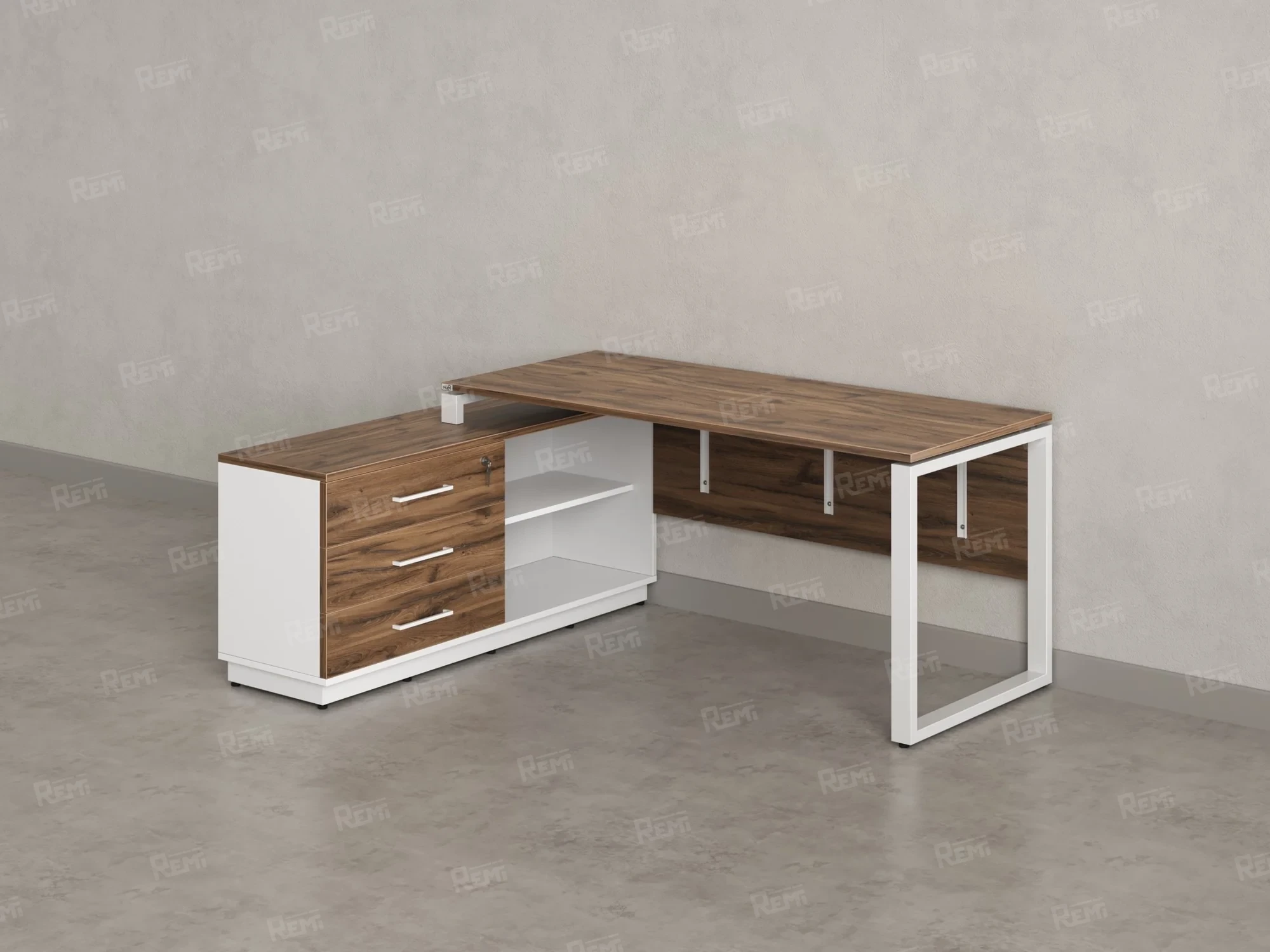 Стол прямой с тумбой L, ЛДСП экран, О-опора 2000x1400x750 RM013L-20x7 Дуб Юстус/Белый