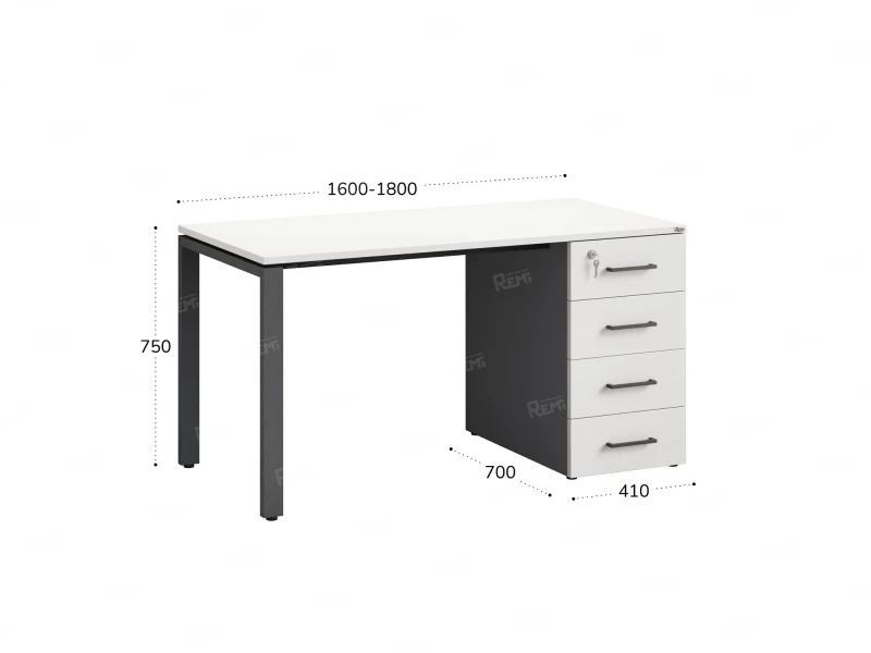 Стол прямой с тумбой на П-образных опоре, правый 1800x700x750 RM103-18x7 Белый/Серый