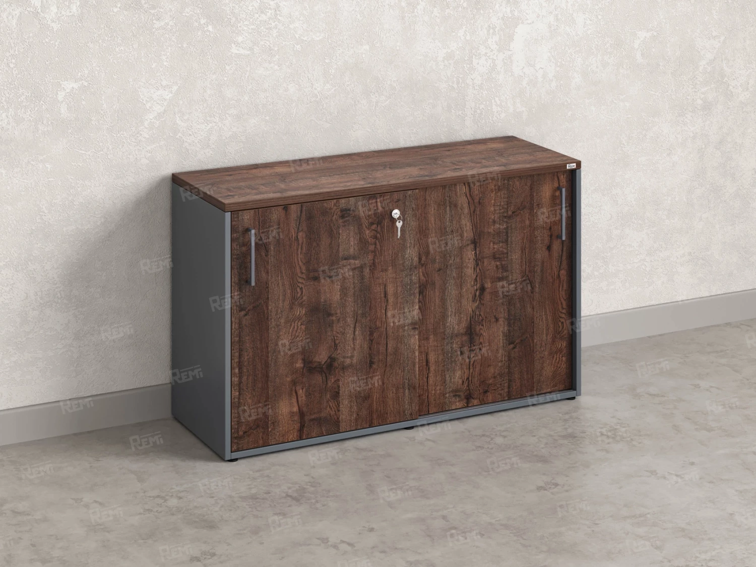 Низкий шкаф-купе на регулируемых опорах 1200x420x750 RM125-120x42 Дуб Апрельский шоколад/Серый