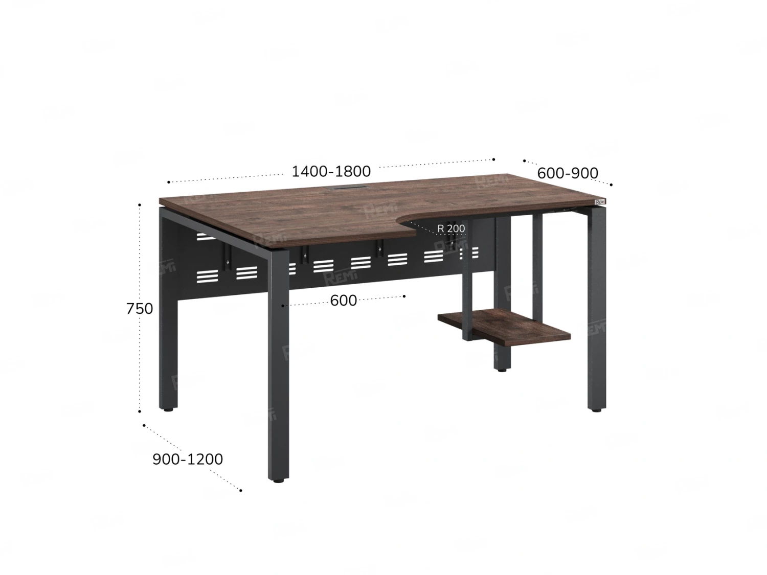 Стол угловой, экран металл, П-опора, левый 1600x900/1200x750, RM059-16x9-12 Дуб Апрельский шоколад/Серый