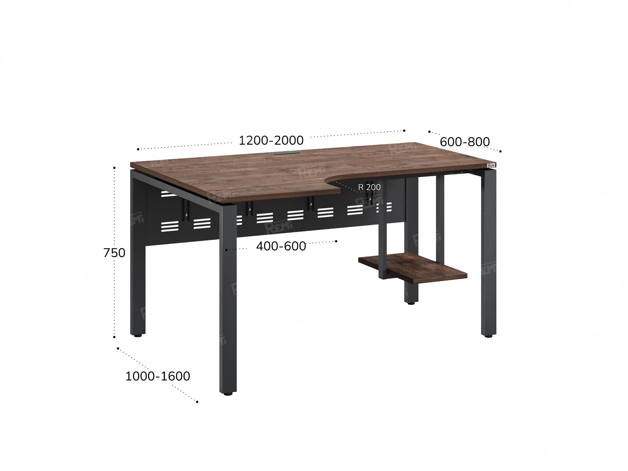 Стол угловой, экран металл, П-опора, левый 1600x900/1200x750, RM059-16x9-12 Дуб Апрельский шоколад/Серый