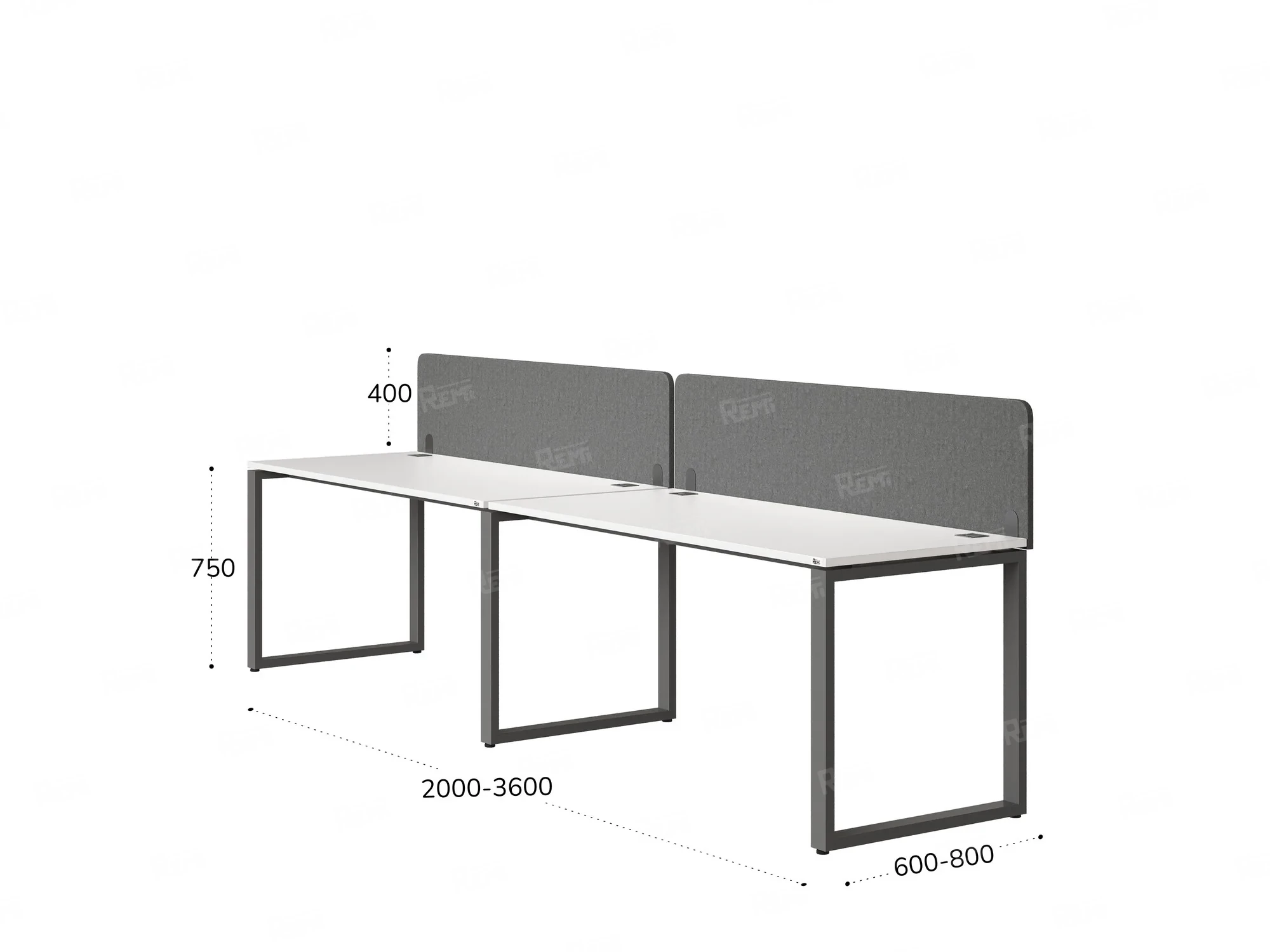 Бенч-система в 1 ряд, 2 рабочих места 2 тканевых экранов 2400x800x750 RM168-3-24x8 Белый/Серый