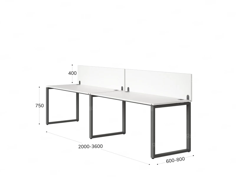 Бенч-система в 1 ряд, 2 рабочих места 2 ЛДСП экранов 3200x700x750 RM168-4-32x7 Белый/Серый