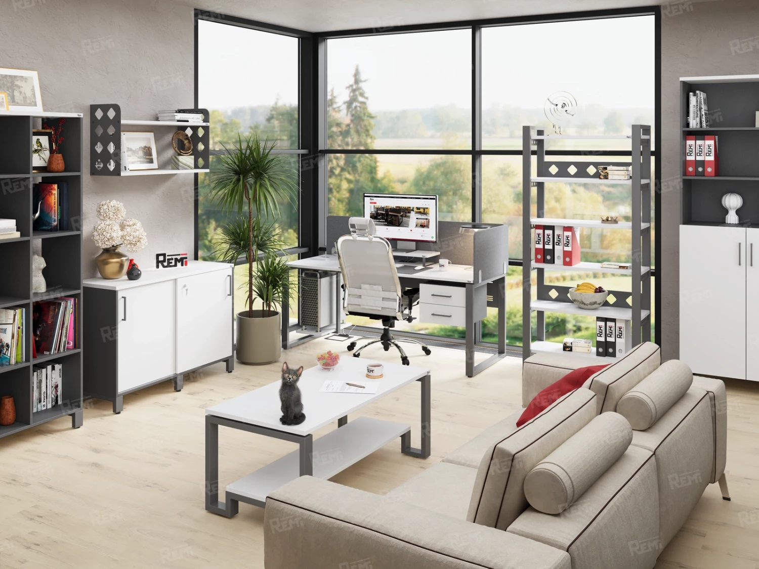 Бенч-система в 1 ряд, 2 рабочих места 2 тканевых экранов 2400x800x750 RM174-3-24x8 Белый/Серый