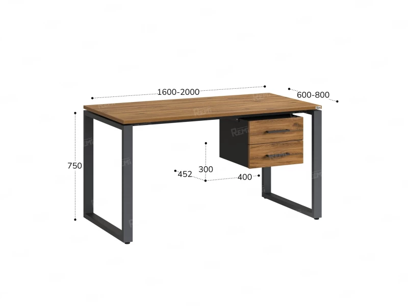 Стол прямой с подвесной тумбой 2 ящика, О-опора 1600x700x750 RM037-16x7 Дуб Юстус/Серый