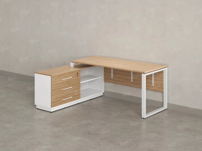 Стол прямой с тумбой L, ЛДСП экран, О-опора 1400x1400x750 RM013L-14x7 Вяз Швейцарский светлый/Белый