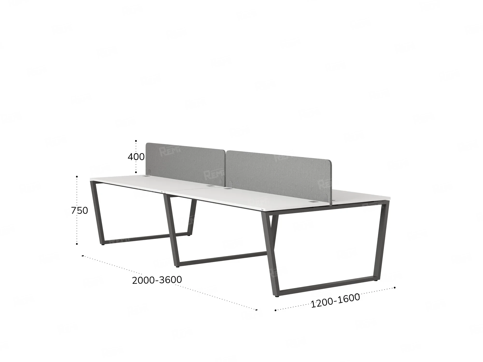 Бенч-система, 4 рабочих места, на U-образных опорах, 2 тканевых экранов 2400x1600x750 RM173-3-12x16 Белый/Серый