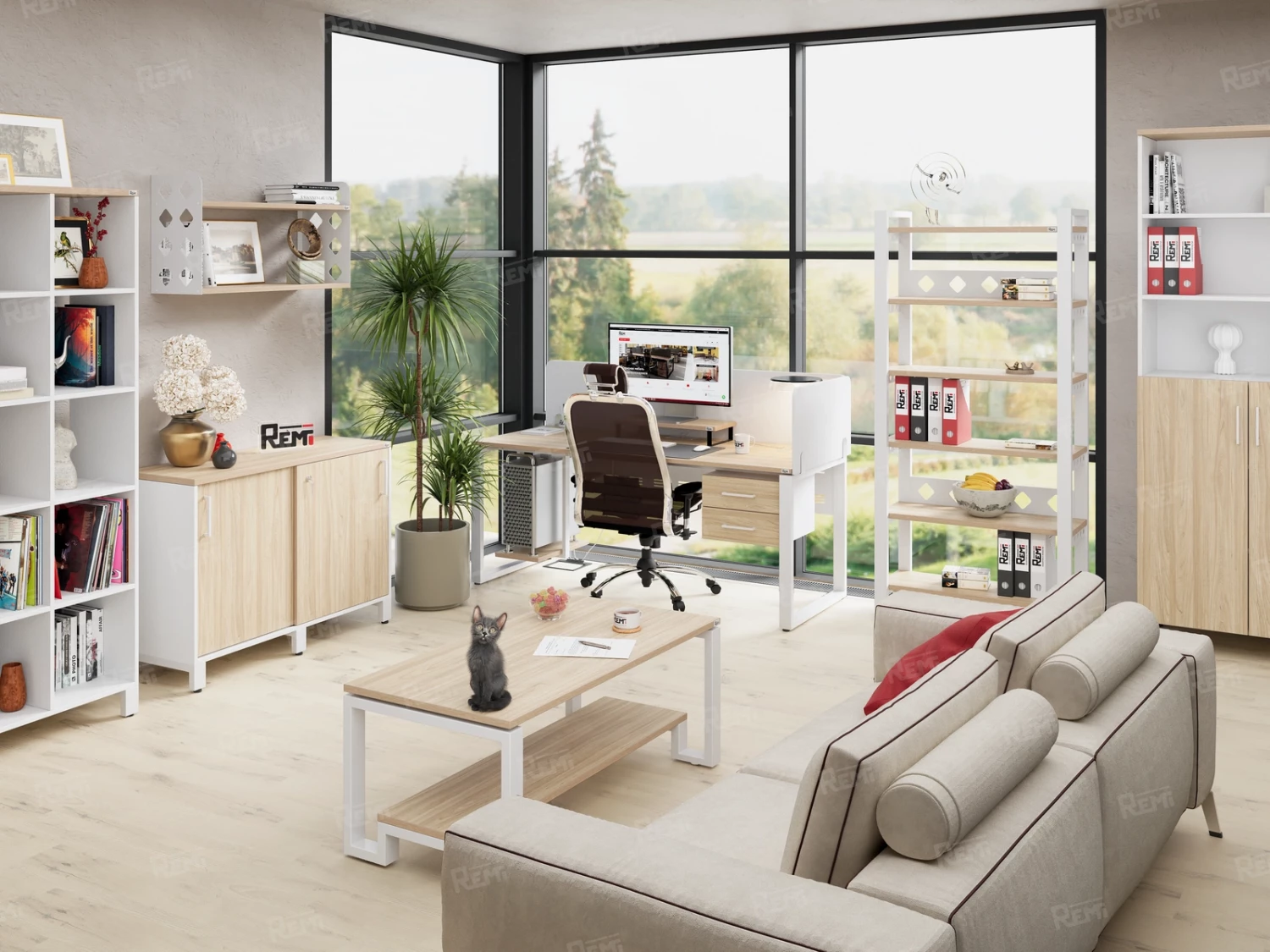 Шкаф низкий распашной, 2 уровня 900x420x850 RM147-90x42 Вяз Швейцарский светлый/Белый