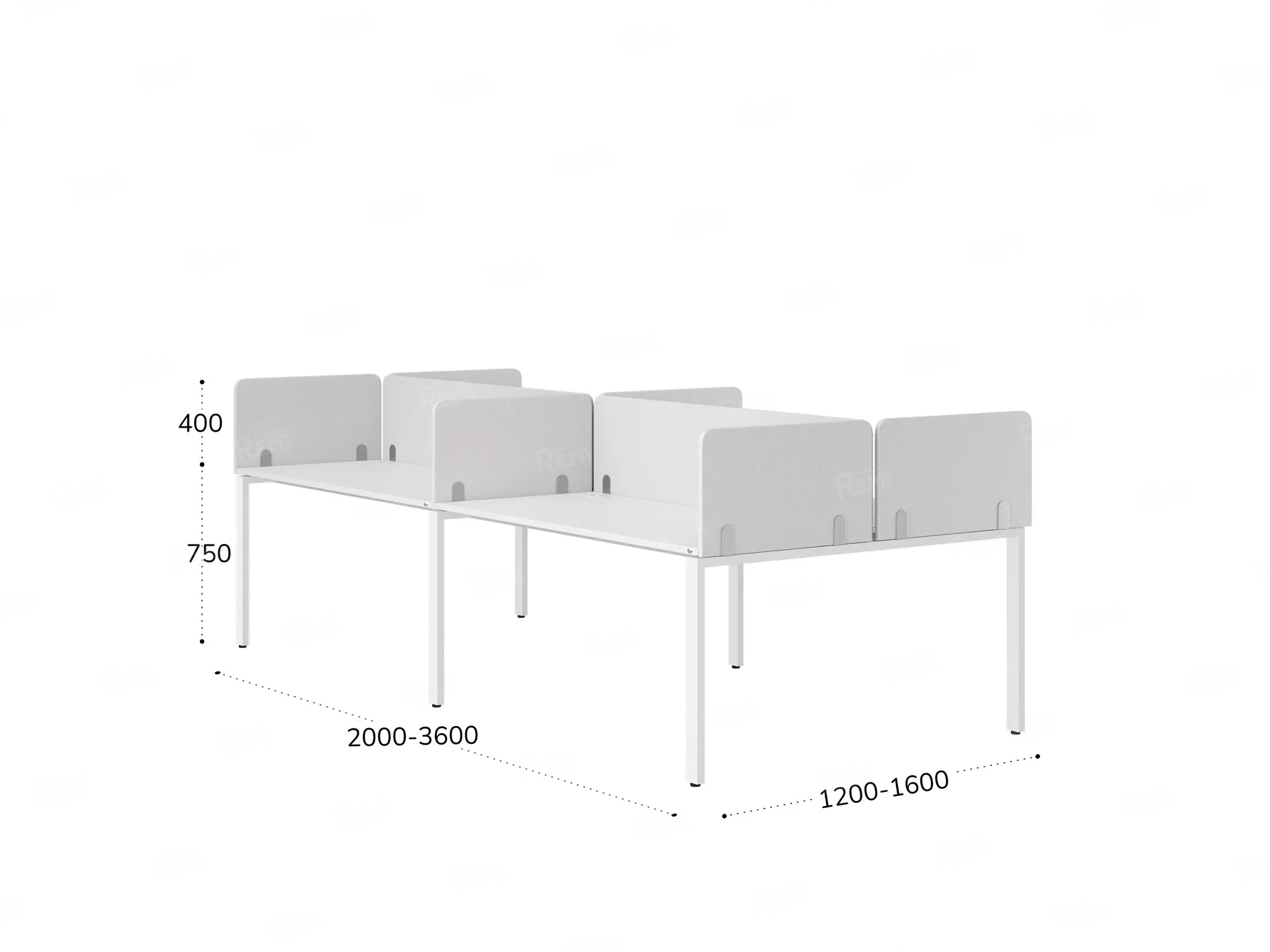 Бенч-система, 4 рабочих места, на П-образных опорах, 8 тканевых экранов 2000x1200x750 RM166-1-10x12 Белый/Белый