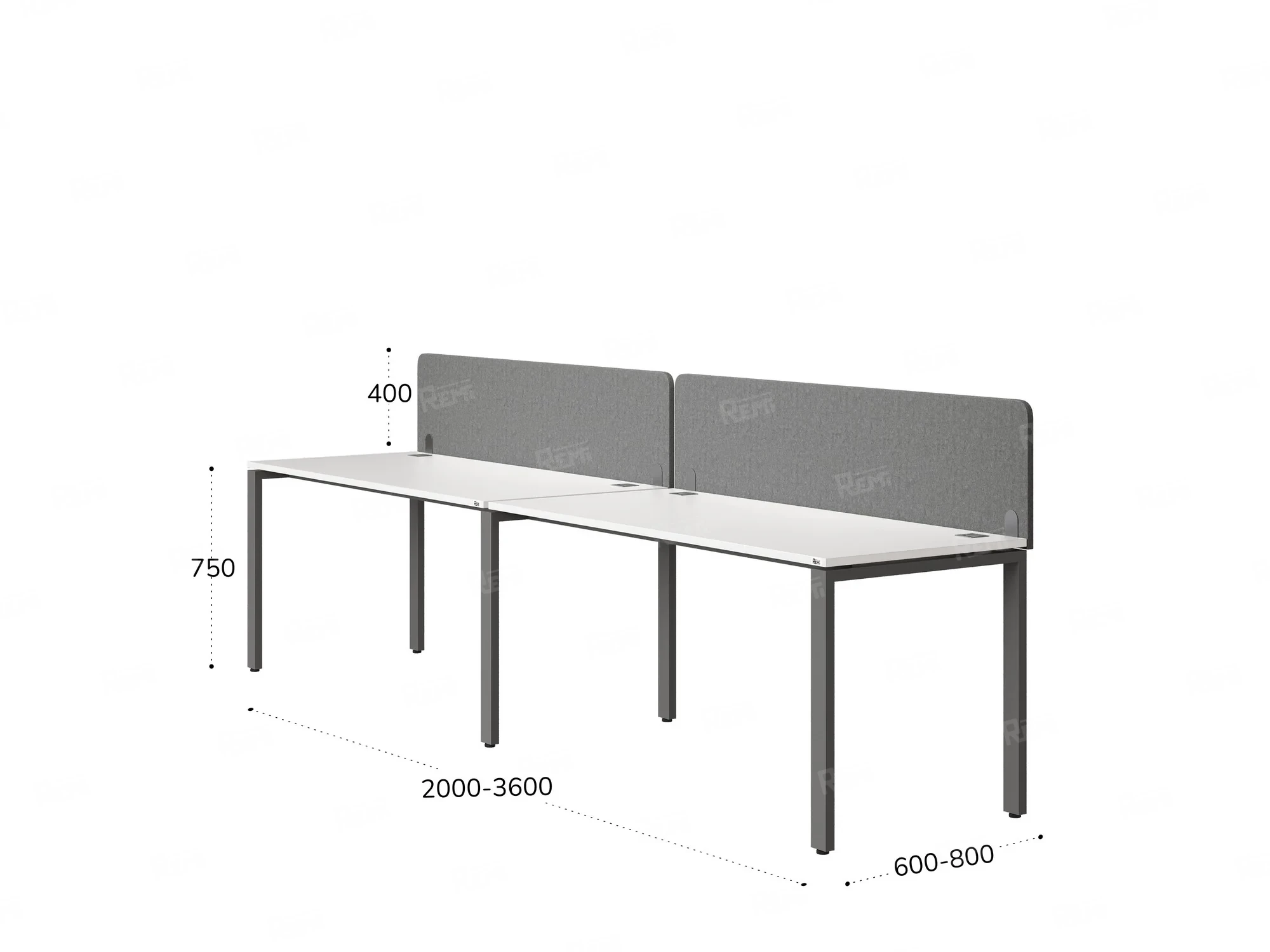 Бенч-система в 1 ряд, 2 рабочих места 2 тканевых экранов 2400x800x750 RM167-3-24x8 Белый/Серый