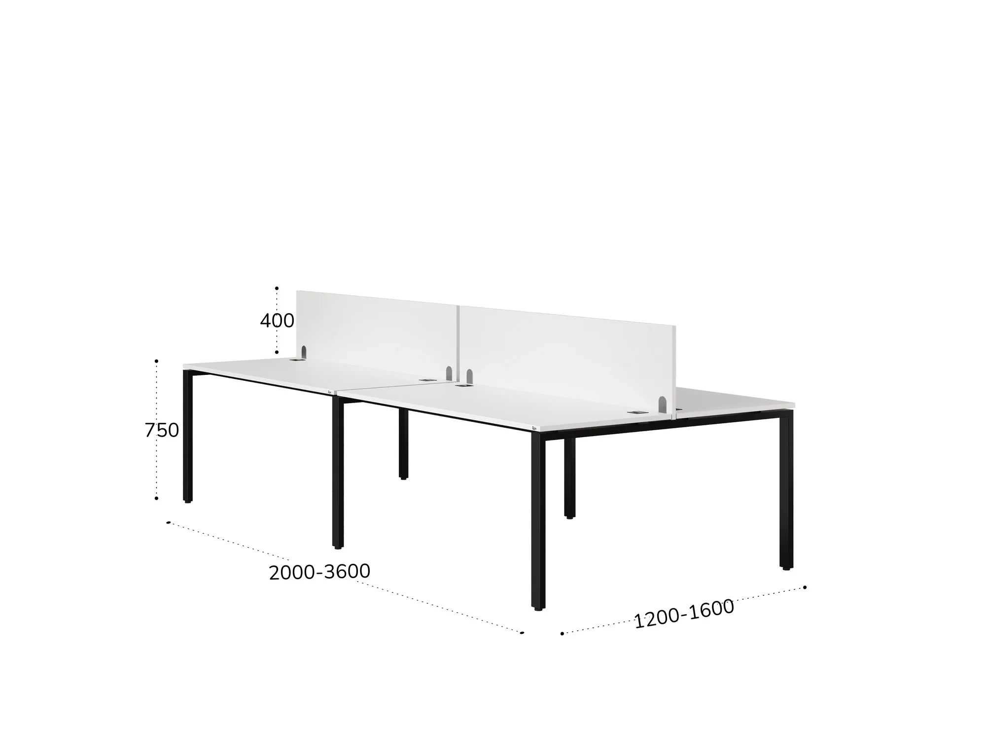 Бенч-система, 4 рабочих места, на П-образных опорах, 2 ЛДСП экранов 3200x1400x750 RM166-4-16x14 Белый/Черный