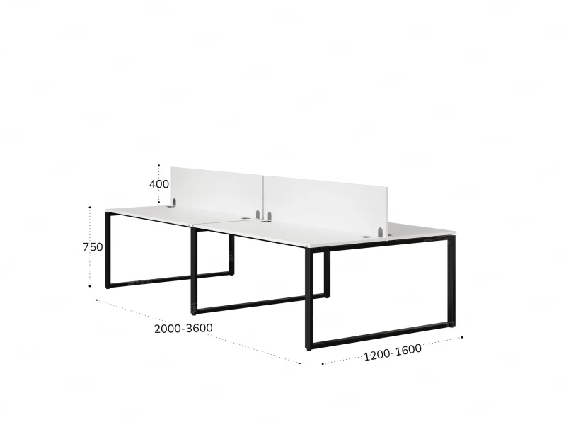 Бенч-система, 4 рабочих места, на О-образных опорах, 2 ЛДСП экранов 2000x1200x750 RM170-4-10x12 Белый/Черный