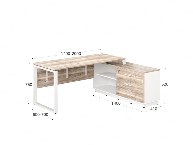 Стол прямой с тумбой R, ЛДСП экран, О-опора 2000x1400x750 RM012R-20x6 Дуб Маувелла/Белый