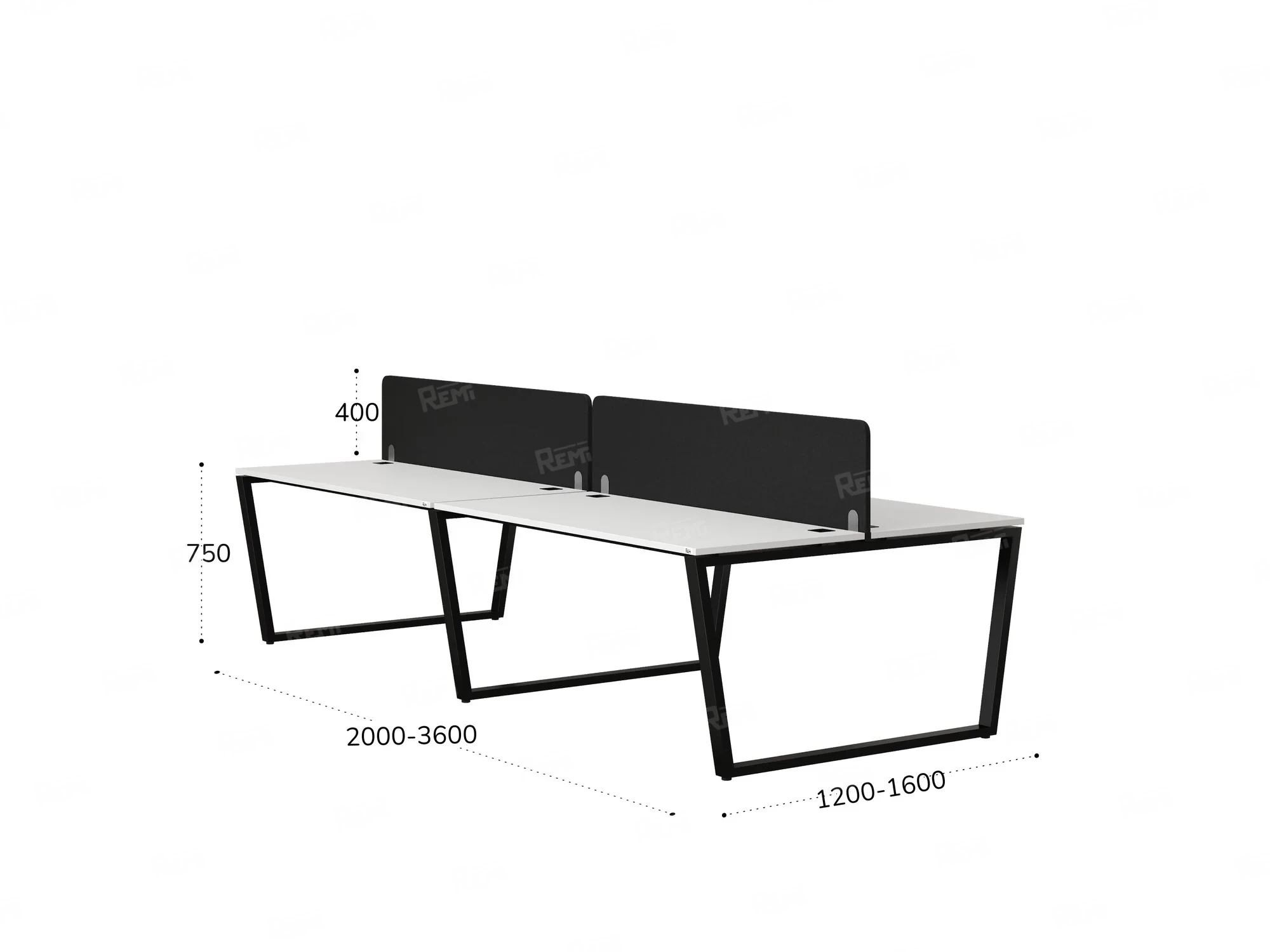 Бенч-система, 4 рабочих места, на U-образных опорах, 2 тканевых экранов 2400x1600x750 RM173-3-12x16 Белый/Черный