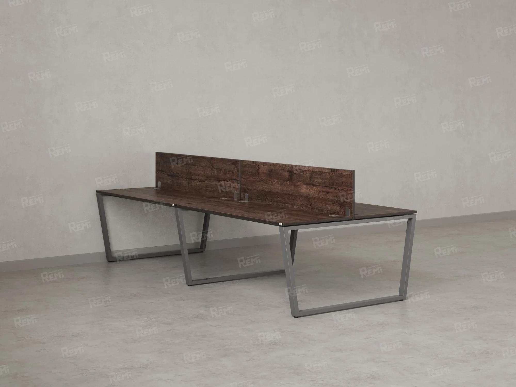 Бенч-система, 4 рабочих места, на U-образных опорах, 2 ЛДСП экранов 2400x1200x750 RM173-4-12x12 Дуб Апрельский шоколад/Серый