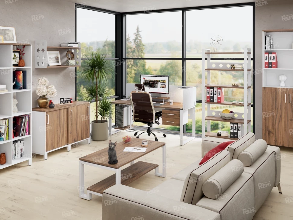 Стол прямой с подвесной тумбой 2 ящика, U-опора 1800x600x750 RM035-18x6 Дуб Юстус/Белый