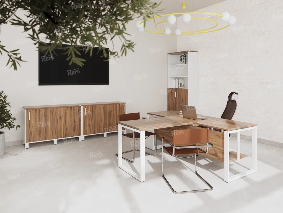 Стол прямой, подвесная тумба, ЛДСП экран, О-опора 1800x700x750 RM032-18x7 Дуб Юстус/Белый