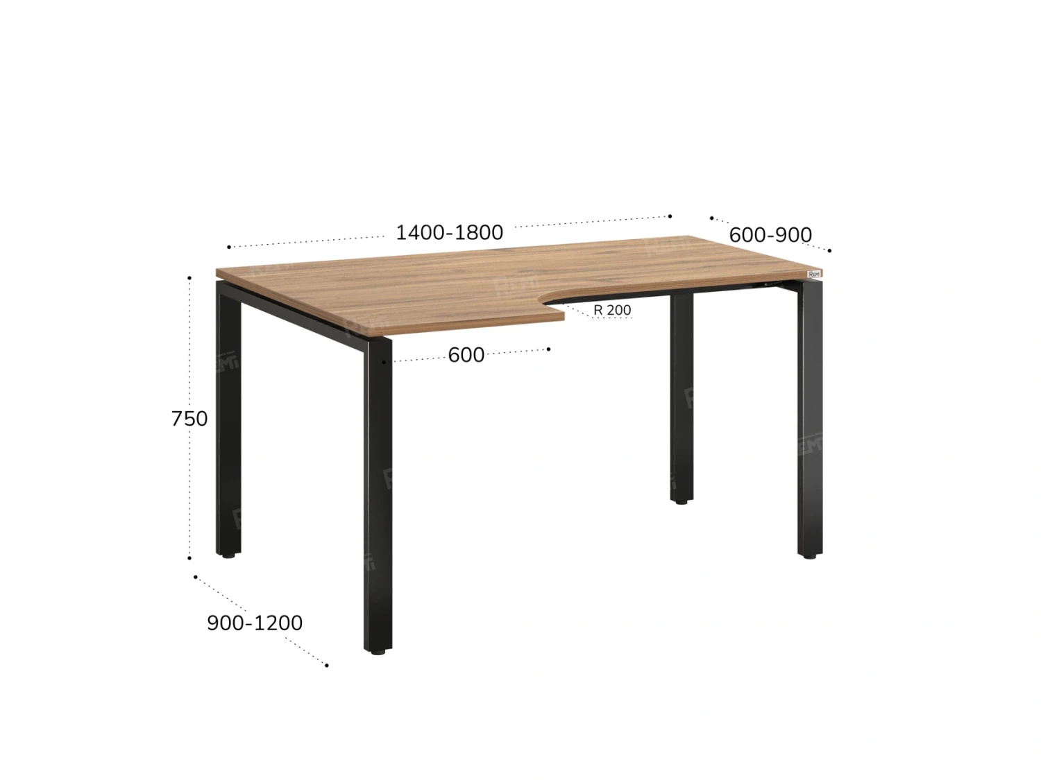 Стол угловой, П-опора, левый 1800x600/900x750, RM053-18x6-9 Дуб Юстус/Черный