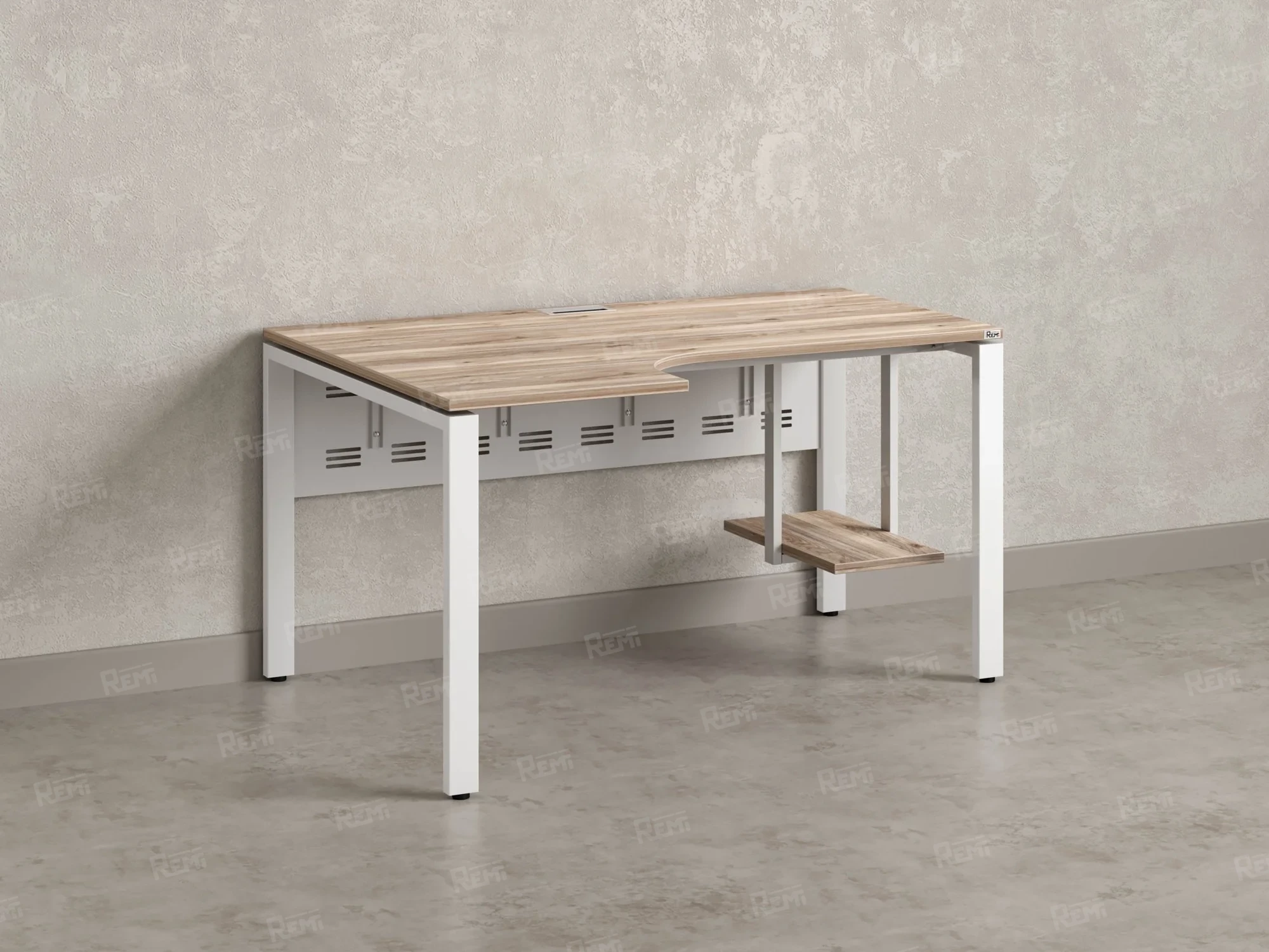 Стол угловой, экран металл, П-опора, левый 1600x900/1200x750, RM059-16x9-12 Дуб Маувелла/Белый