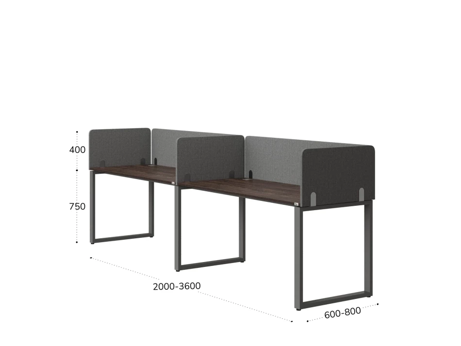 Бенч-система в 1 ряд, 2 рабочих места 5 тканевых экранов 2700x800x750 RM168-1-27x8 Дуб Апрельский шоколад/Серый