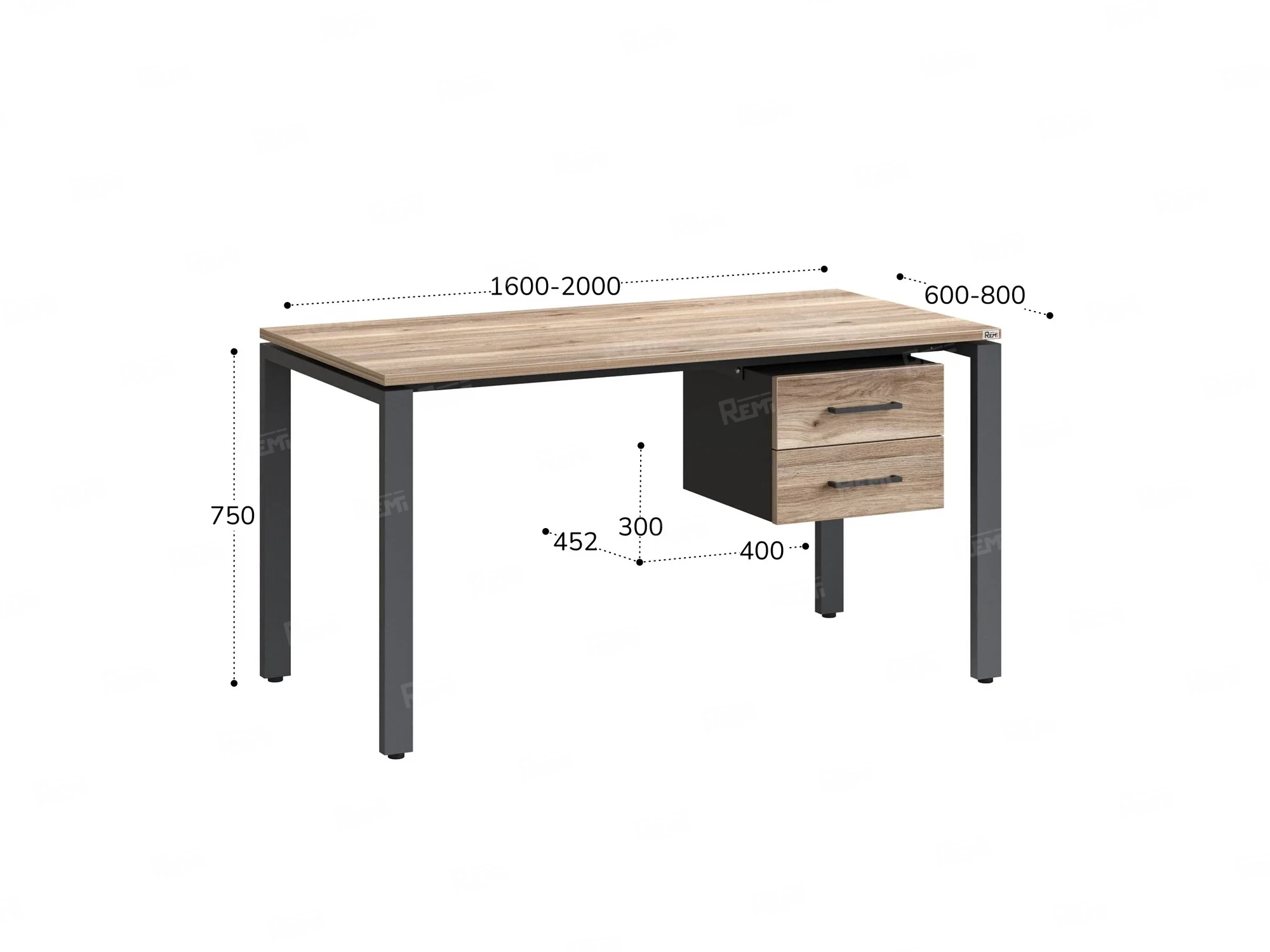 Стол прямой с подвесной тумбой 2 ящика, П-опора 1600x800x750 RM039-16x8 Дуб Маувелла/Серый