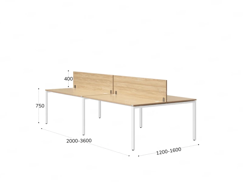 Бенч-система, 4 рабочих места, на П-образных опорах, 2 ЛДСП экранов 3200x1400x750 RM166-4-16x14 Вяз Швейцарский светлый/Белый