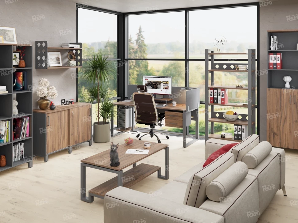 Стол прямой с подвесной тумбой 2 ящика, U-опора 1800x600x750 RM035-18x6 Дуб Юстус/Серый