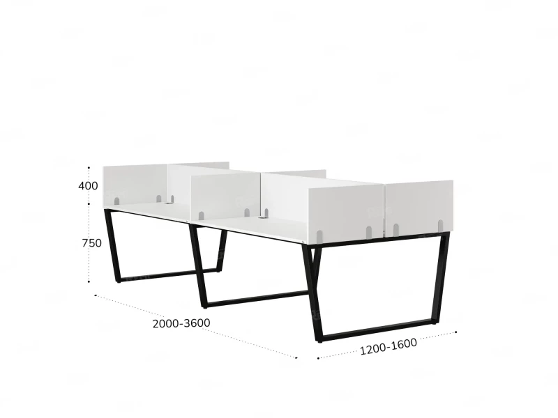Бенч-система, 4 рабочих места, на U-образных опорах, 8 ЛДСП экранов 2000x1200x750 RM173-2-10x12 Белый/Черный