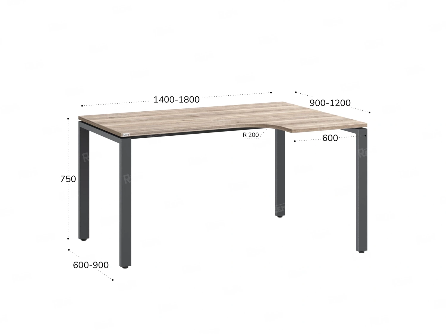 Стол угловой, П-опора, правый 1400x900/1200x750, RM052-14x9-12 Дуб Маувелла/Серый