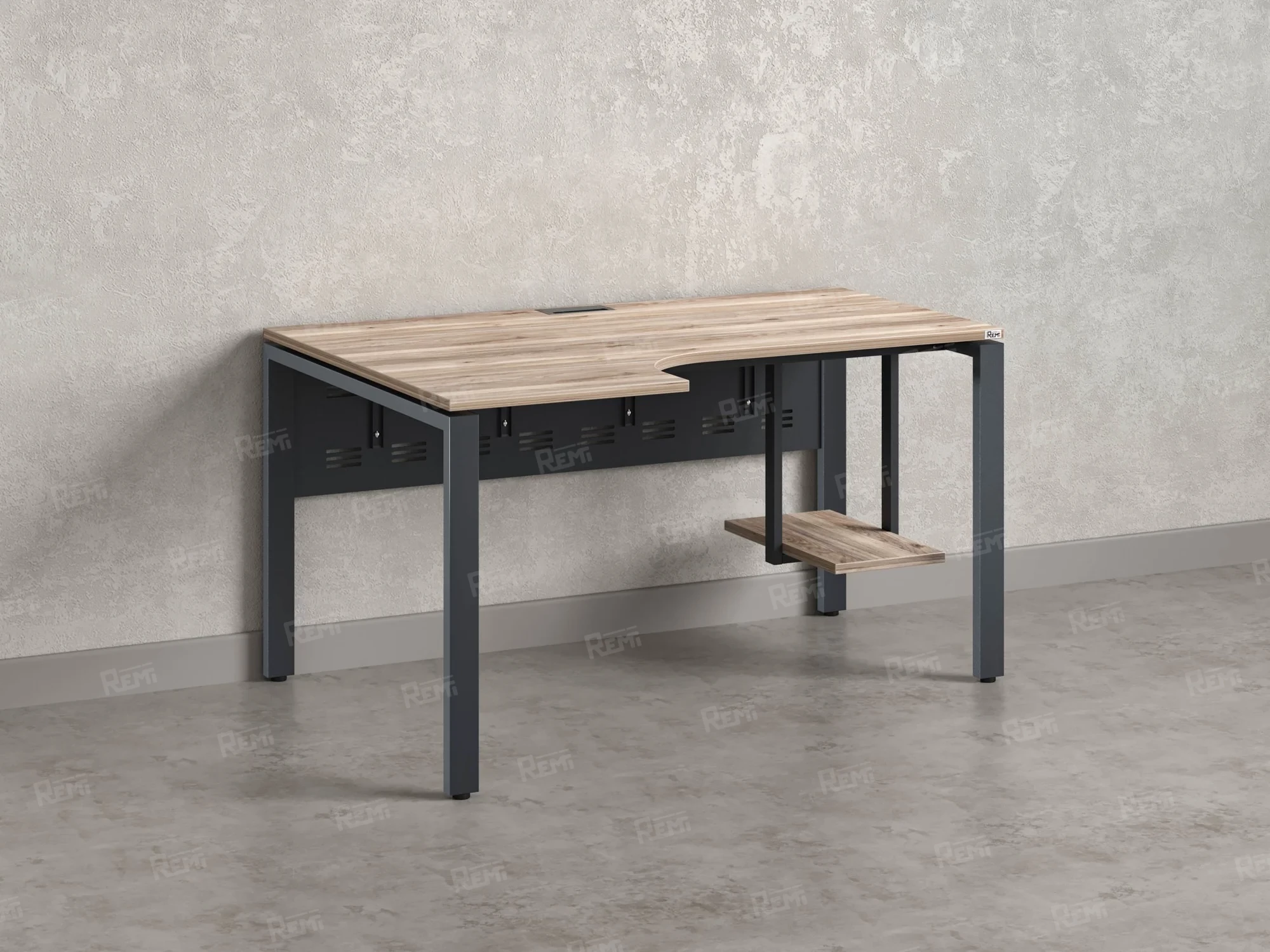 Стол угловой, экран металл, П-опора, левый 1600x900/1200x750, RM059-16x9-12 Дуб Маувелла/Серый