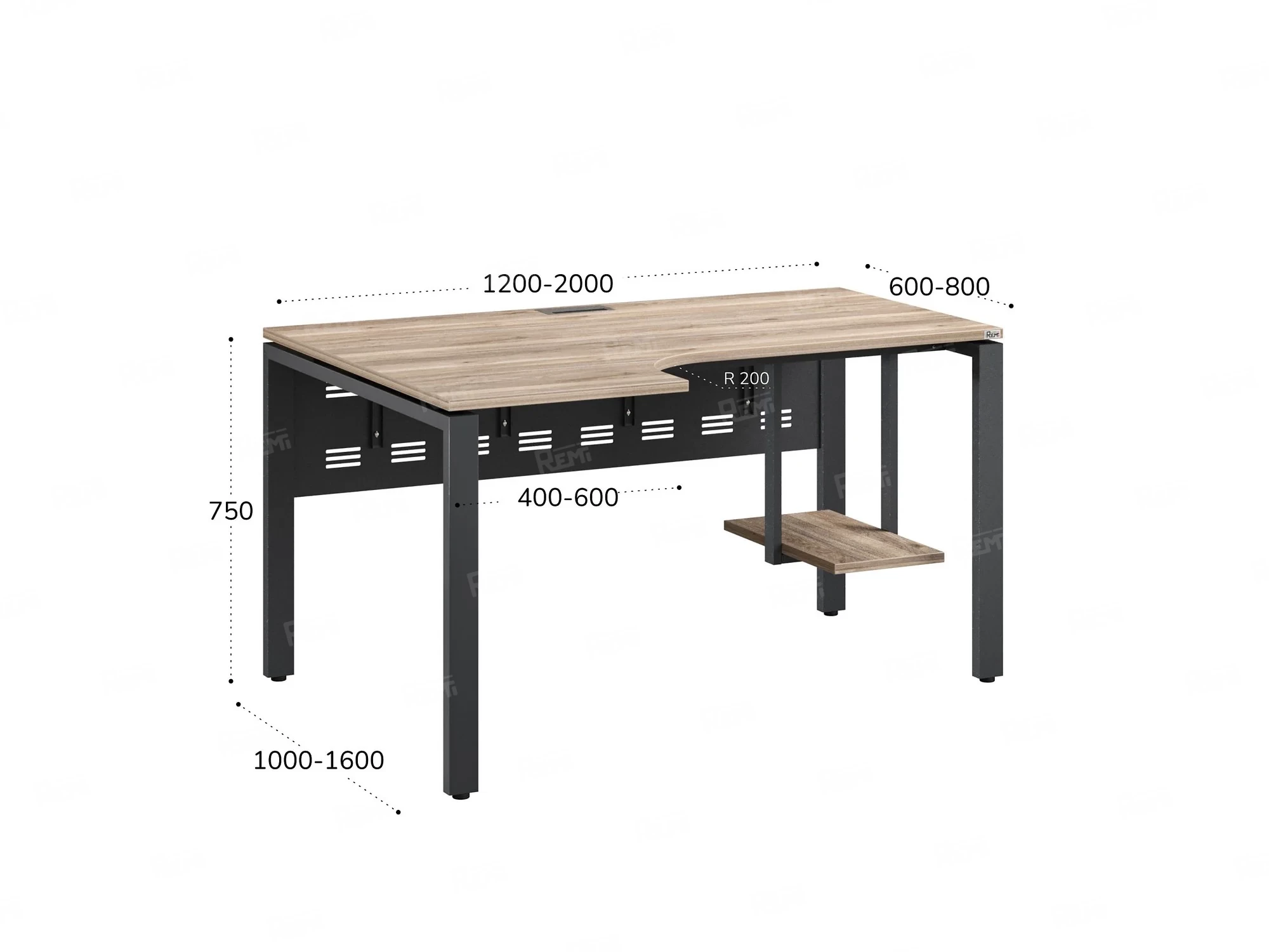 Стол угловой, экран металл, П-опора, левый 1600x900/1200x750, RM059-16x9-12 Дуб Маувелла/Серый