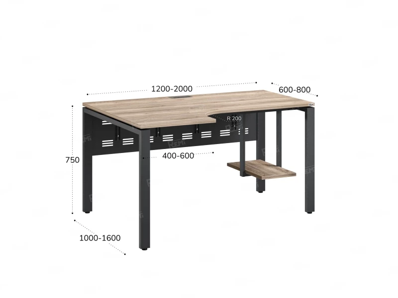 Стол угловой, экран металл, П-опора, левый 1600x900/1200x750, RM059-16x9-12 Дуб Маувелла/Серый