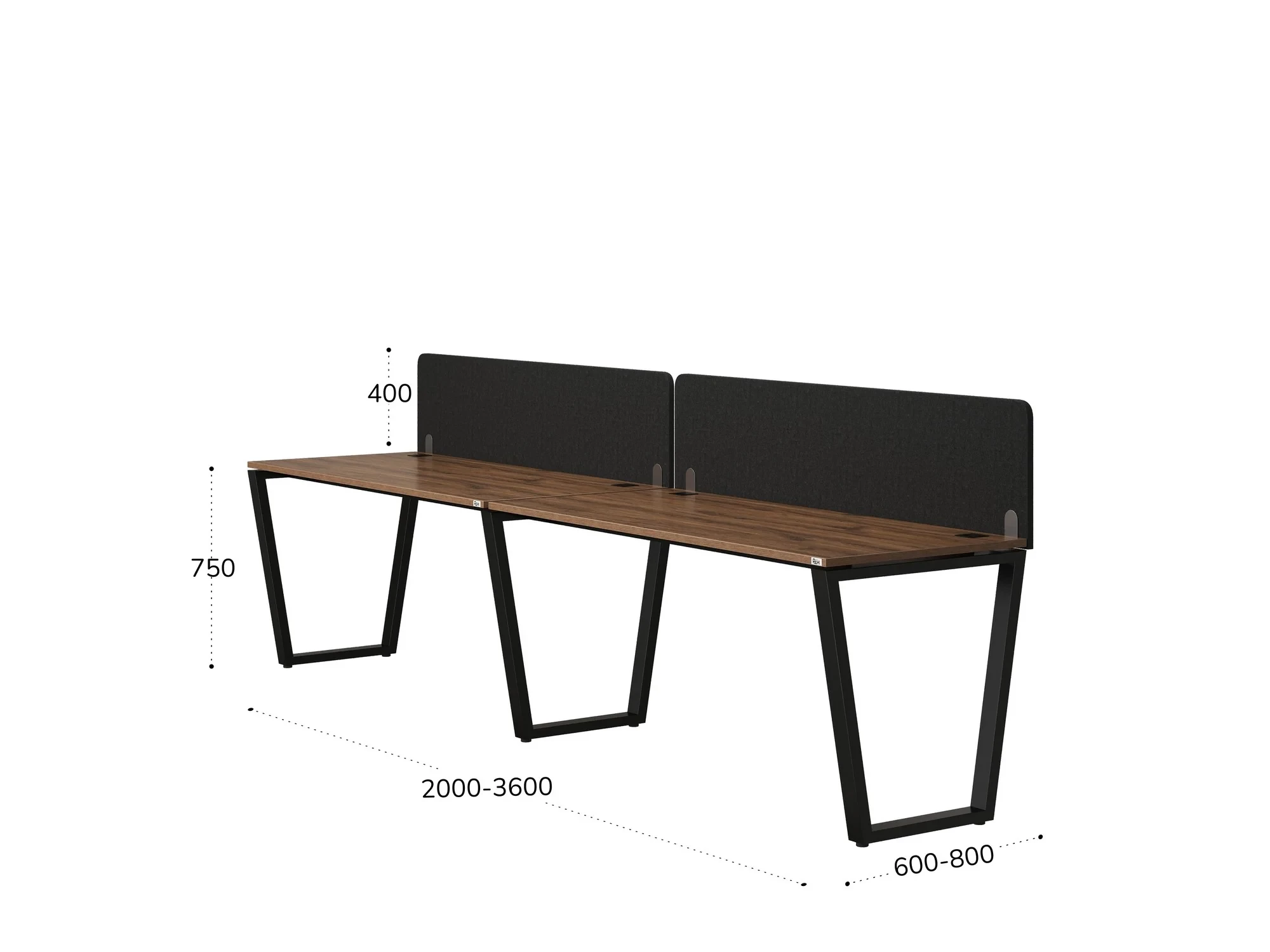 Бенч-система в 1 ряд, 2 рабочих места 2 тканевых экранов 3200x800x750 RM174-3-32x8 Дуб Юстус/Черный