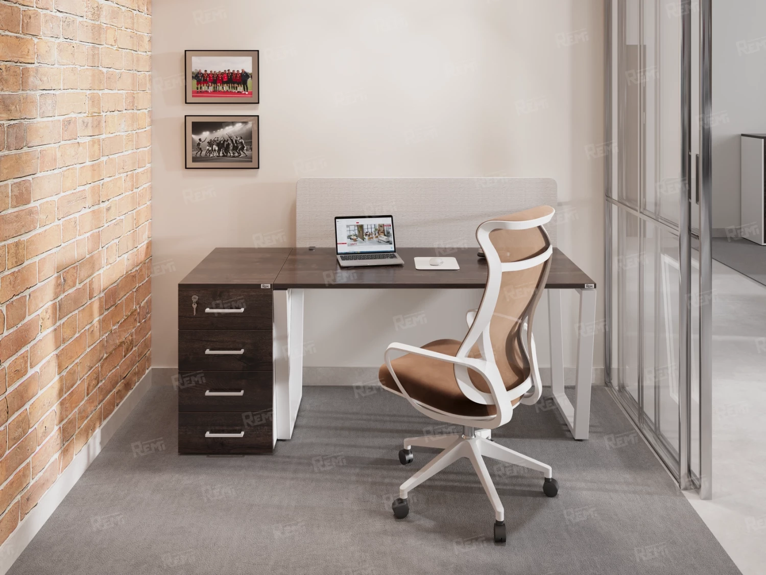 Стол прямой, подвесная тумба, ЛДСП экран, О-опора 1600x800x750 RM033-16x8 Дуб Апрельский шоколад/Белый