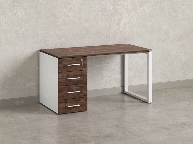 Стол прямой с тумбой на О-образных опоре, левый 1600x700x750 RM104-16x7 Дуб Апрельский шоколад/Белый