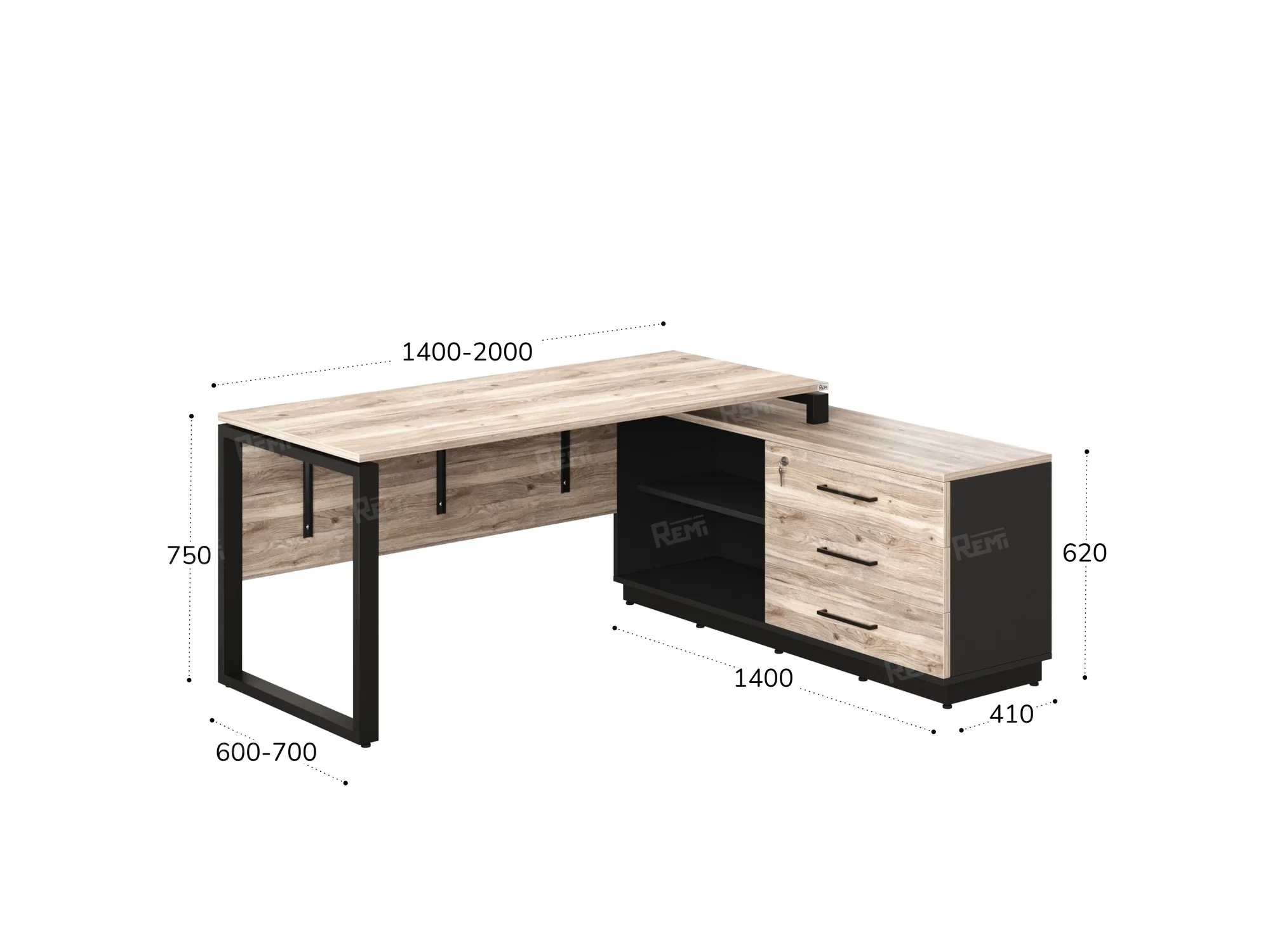 Стол прямой с тумбой R, ЛДСП экран, О-опора 2000x1400x750 RM012R-20x6 Дуб Маувелла/Черный
