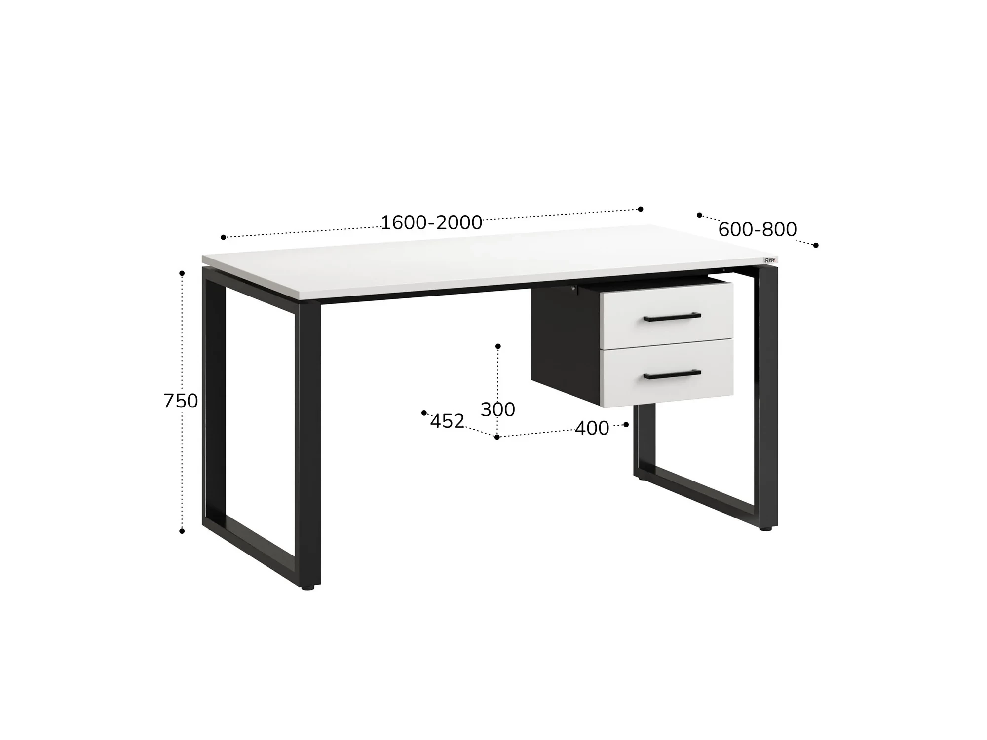 Стол прямой с подвесной тумбой 2 ящика, О-опора 1600x800x750 RM037-16x8 Белый/Черный