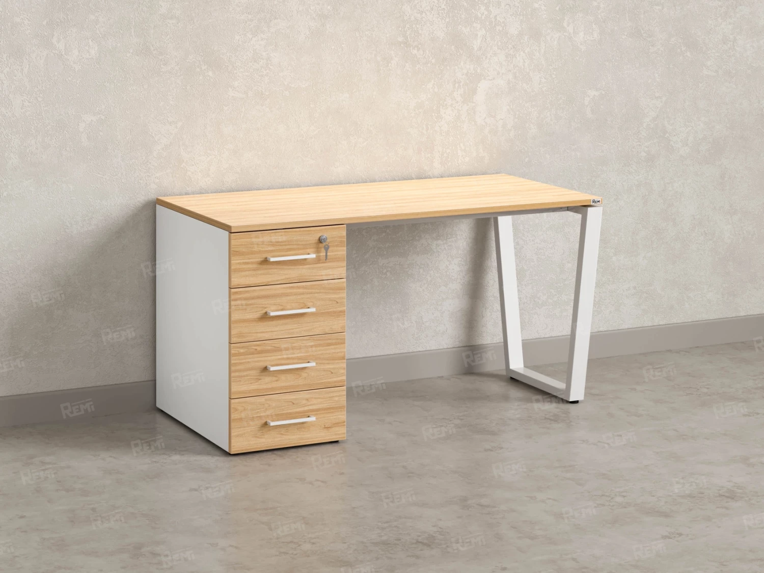 Стол прямой, с тумбой на U-образных опоре, левый 1800x700x750 RM100-18x7 Вяз Швейцарский светлый/Белый