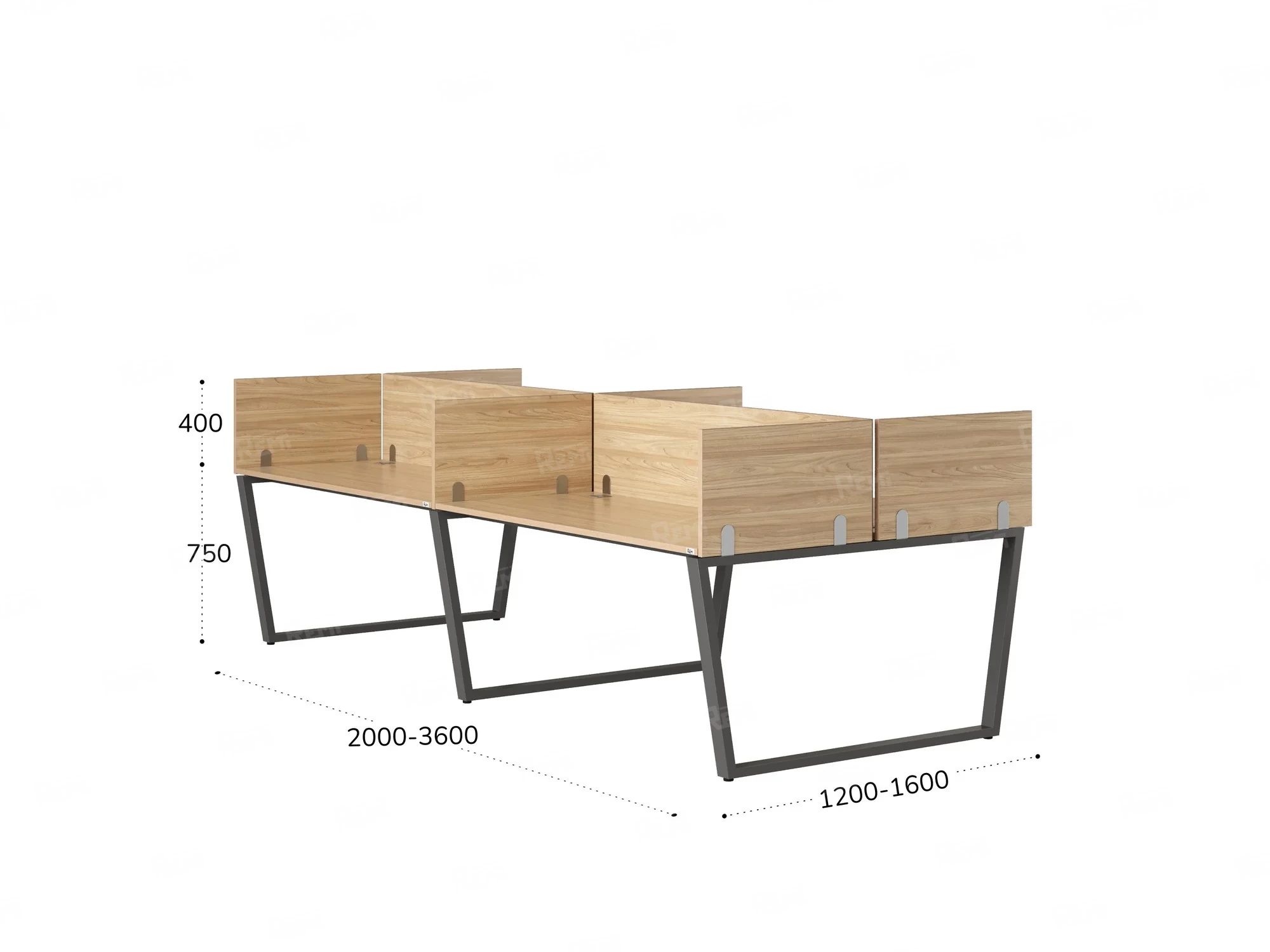 Бенч-система, 4 рабочих места, на U-образных опорах, 8 ЛДСП экранов 2000x1200x750 RM173-2-10x12 Вяз Швейцарский светлый/Серый