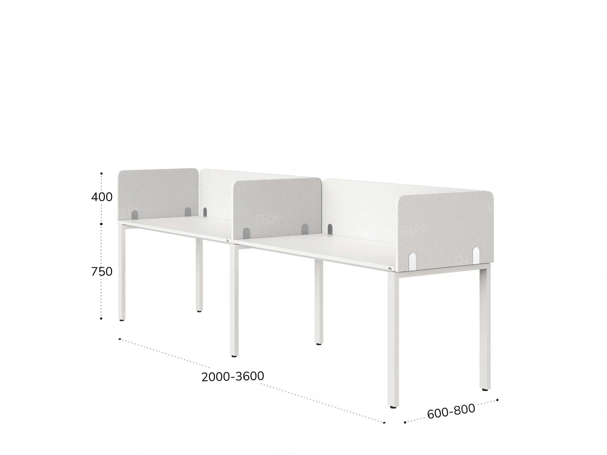 Бенч-система в 1 ряд, 2 рабочих места 5 тканевых экранов 2000x800x750 RM167-1-20x8 Белый/Белый