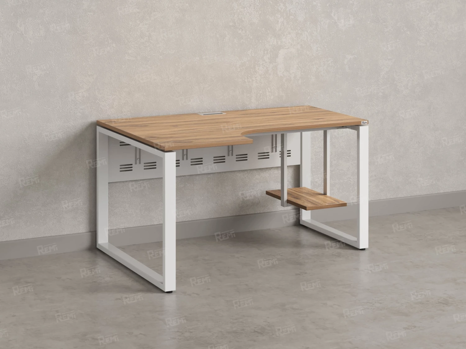 Стол угловой, экран металл, О-опора, левый 1800x900/1200x750, RM056-18x9-12 Дуб Юстус/Белый