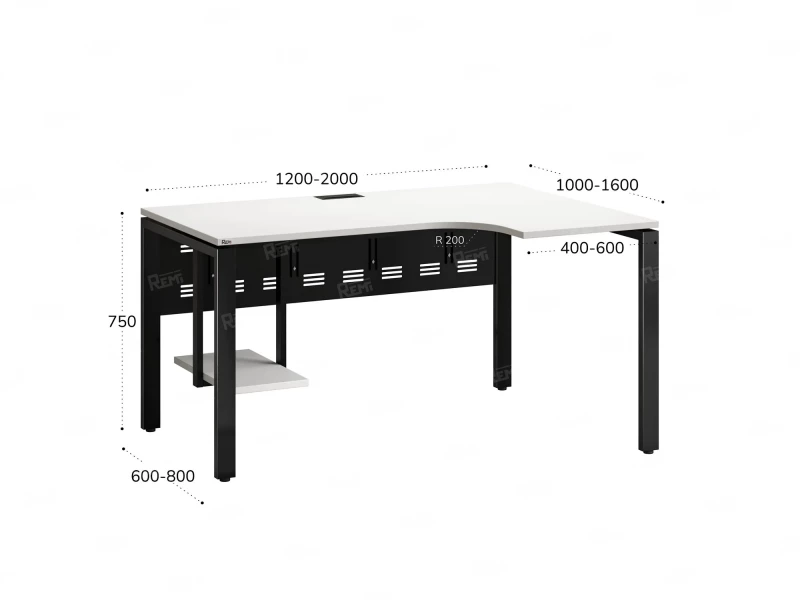 Стол угловой, экран металл, П-опора, правый 1800x700/900x750, RM058-18x7-9 Белый/Черный