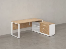 Стол прямой с тумбой R, ЛДСП экран, О-опора 1400x600x750 RM012R-14x6 Вяз Швейцарский светлый/Белый